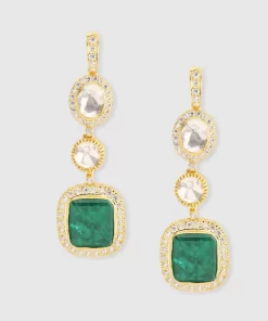 Sterling Silver Moissanite Polki Earrings with Emerald colored stone drops